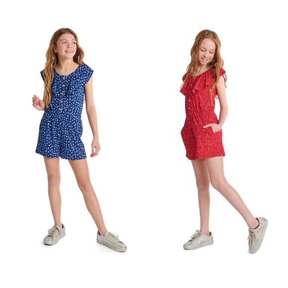 Lot Of 2 Justice Floral Ruffle Sleeveless Elastic Waist Girls Romper Size M 10 - Picture 1 of 15